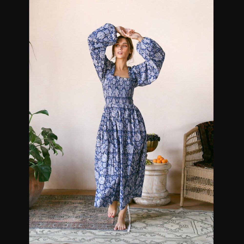 NWT Mille Catherine Dress M Indigo Smocked Maxi Dress